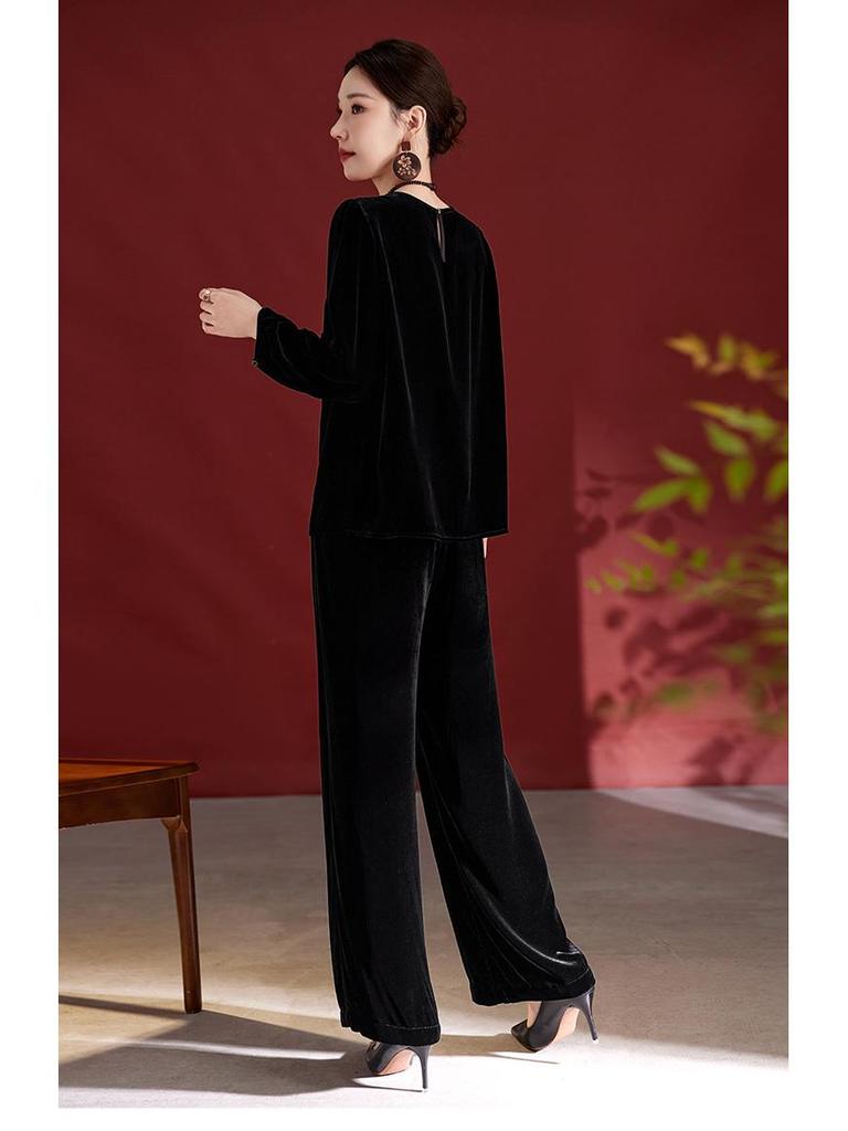 Ink Wash Seide Samt Jacquard Langarm Freizeit Oberteil - Herbst/Winter Luxus 6A Maulbeerseide