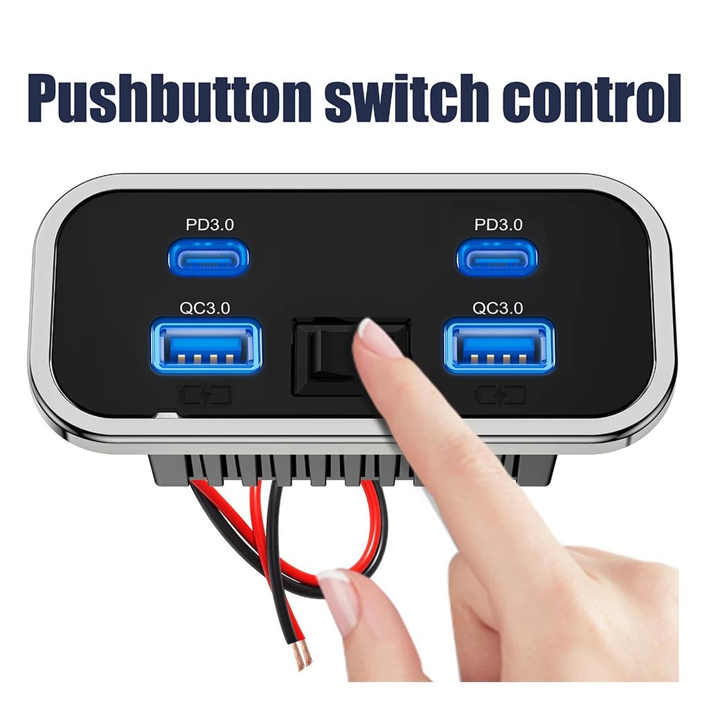4 Ports Car Charger Socket Panel 12V/24V PD3.0 Type-C Quick Charge & QC3.0 Panel Wall Mount Charger Adapter for Car Bus RV Truck