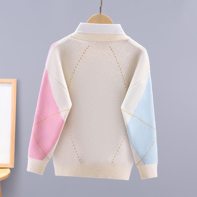 Girls' Knitted Two-Piece Sweater - Spring/Autumn Spliced Style for Children