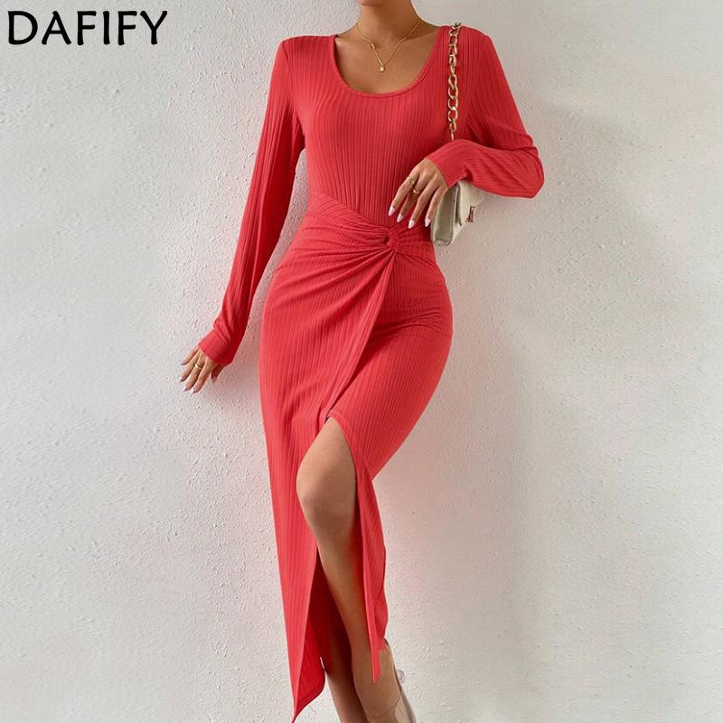 DAFIFY Women's Fashion Spring Fall Solid Color Print Long Sleeve U-Neck High Waist Casual Dresses