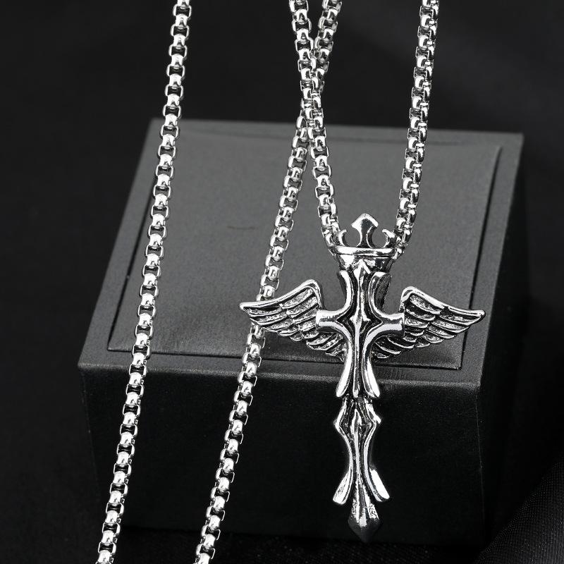 Angel Wings Cross Cool Men S Titanium Steel Necklace Hip Hop Punk Hipster Street Jewelry Pendant