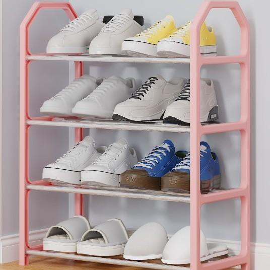 

4-слойная металлическая полка для обуви, черная, большая вместимость розовый