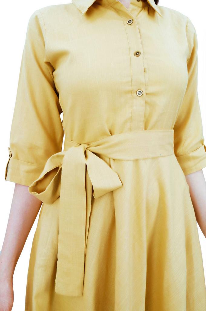 Bimba Women's 3 4 Sleeve Linen Collar Neck Solid Flared Shirt Dress with Side