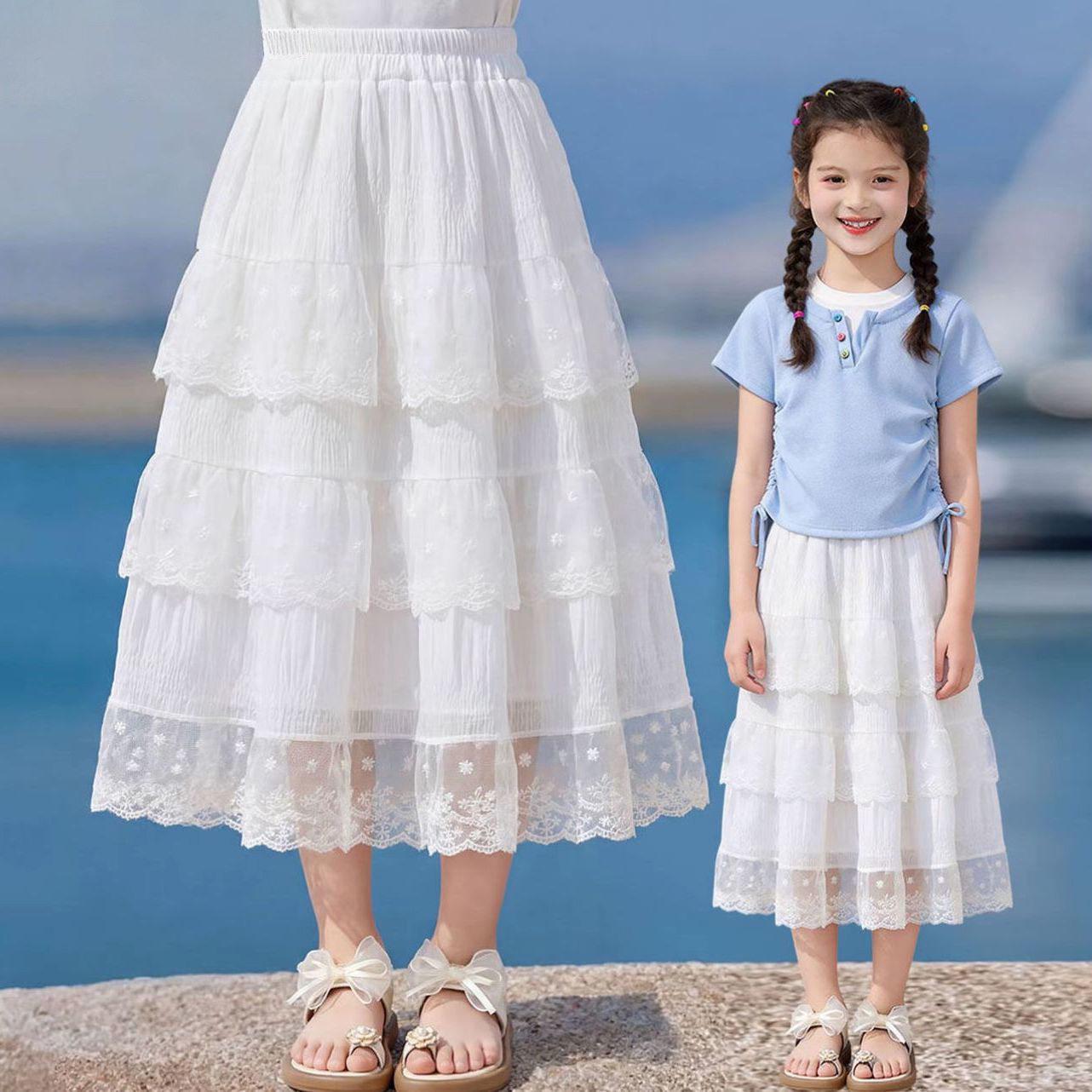 Girls Lace White Puffy Princess Skirt – Summer Fashion Long Cake Skirt 140 cm