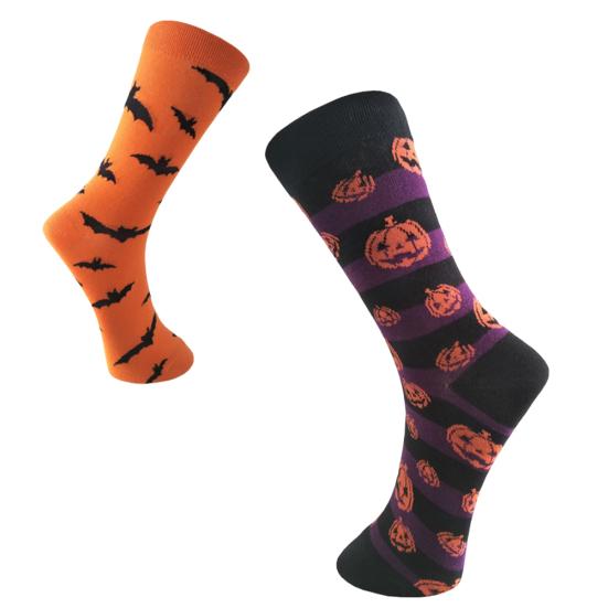 Halloween Party Pumpkin Bat Print Men Breathable Cotton Middle Tube Crew Socks