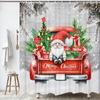 Gnome On Red Truck Christmas Shower Curtain with Tree Design, Snowy Farmhouse Bathroom Decor for Festive Holiday Celebration