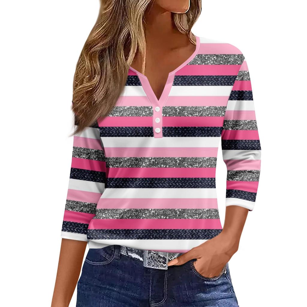 Women's T Shirt Tee Print Button 3/4 Sleeve Daily Weekend Fashion Basic V Neck Regular Top
