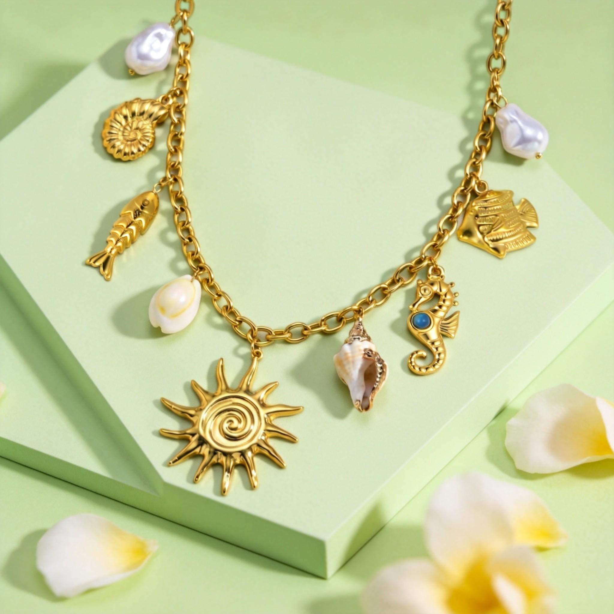 

Ocean Style Stainless Steel Necklace for Women, Sea Conch Fish Shell Sun Pendants,Irregular Faux Pearl Necklaces,Retro Jewelry