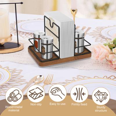 Rotating Napkin Holder Metal Standing Napkin Dispenser with Salt and Pepper Caddy Table Storage Organizer for Kitchen Decoration