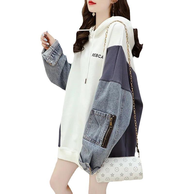 Denim Patchwork Hooded Sweatshirt, Fake Two-Piece, Mid-Length Loose Fit, 2025 Korean Style, Plus Size Pullover Hoodie