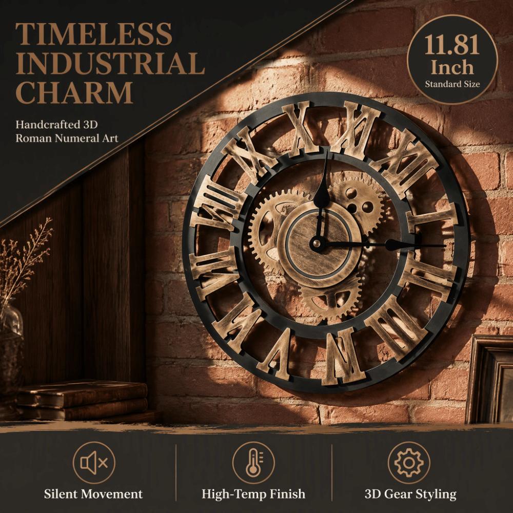 30cm Diameter Vintage Wall Clock 3D Design Handmade Wall Clock Wooden Wall Clock Office Decoration