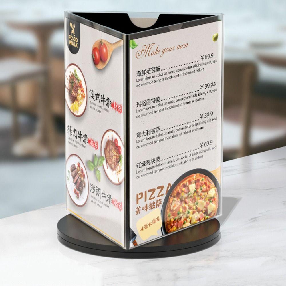 Three Side Menu Sign Holder 360 Degree Rotating Desktop Flyer Frame  Restaurant