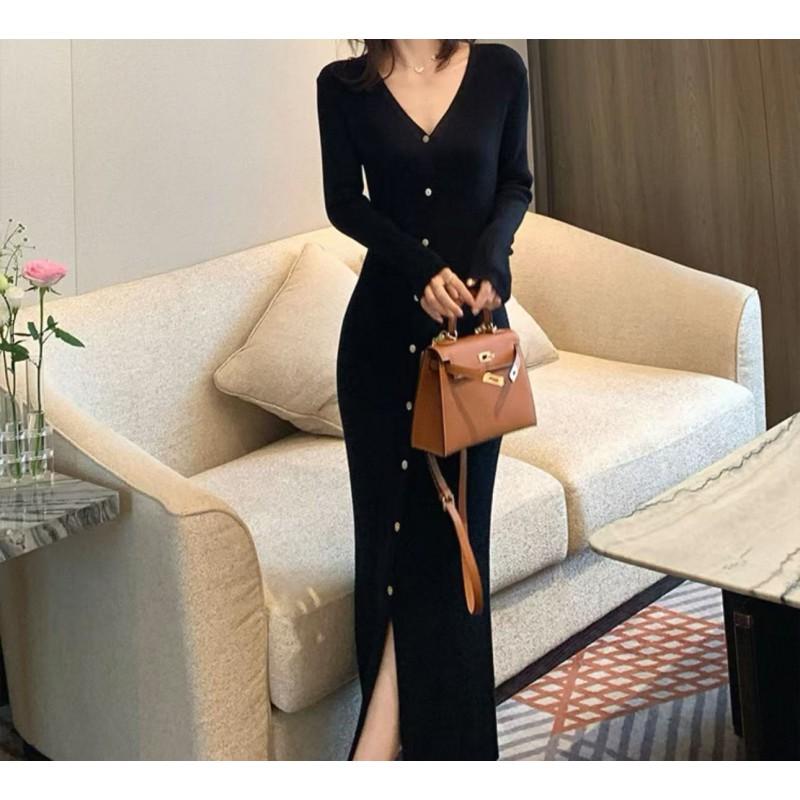 Elegant V-Neck Knit Midi Dress Women Slim Fit Long Sleeve Wrap Front Button Up Winter Office Wear