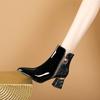 Patent Leather Block Heel Boots Women's Fashion Pointed Toe Colorblock Side Zipper Metal Buckle Sequin Non-Slip Booties