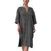 Women's New Cotton Linen Solid Color Casual Round Neck Button Long Dress
