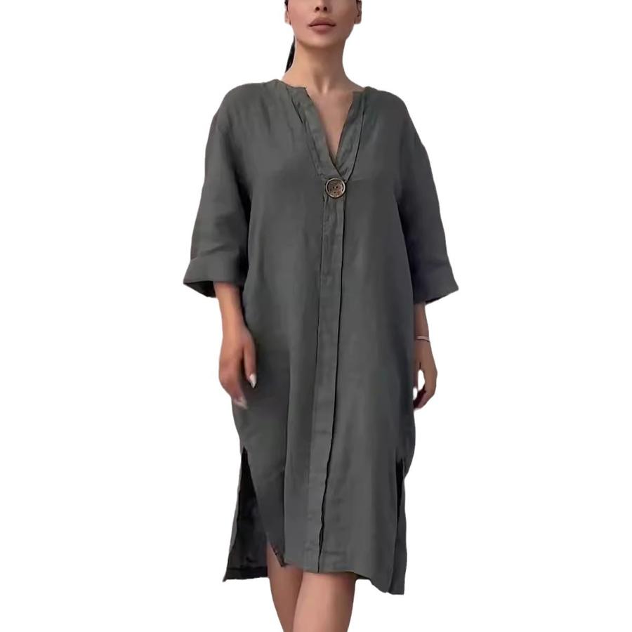 Women's New Cotton Linen Solid Color Casual Round Neck Button Long Dress