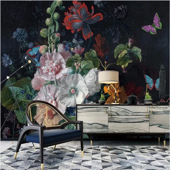 Foto Estilo Europeo 3D Estereoscópico Relieve Flores Florales Mariposa Mural de Pared Sala de Estar Sofá Papel Pintado