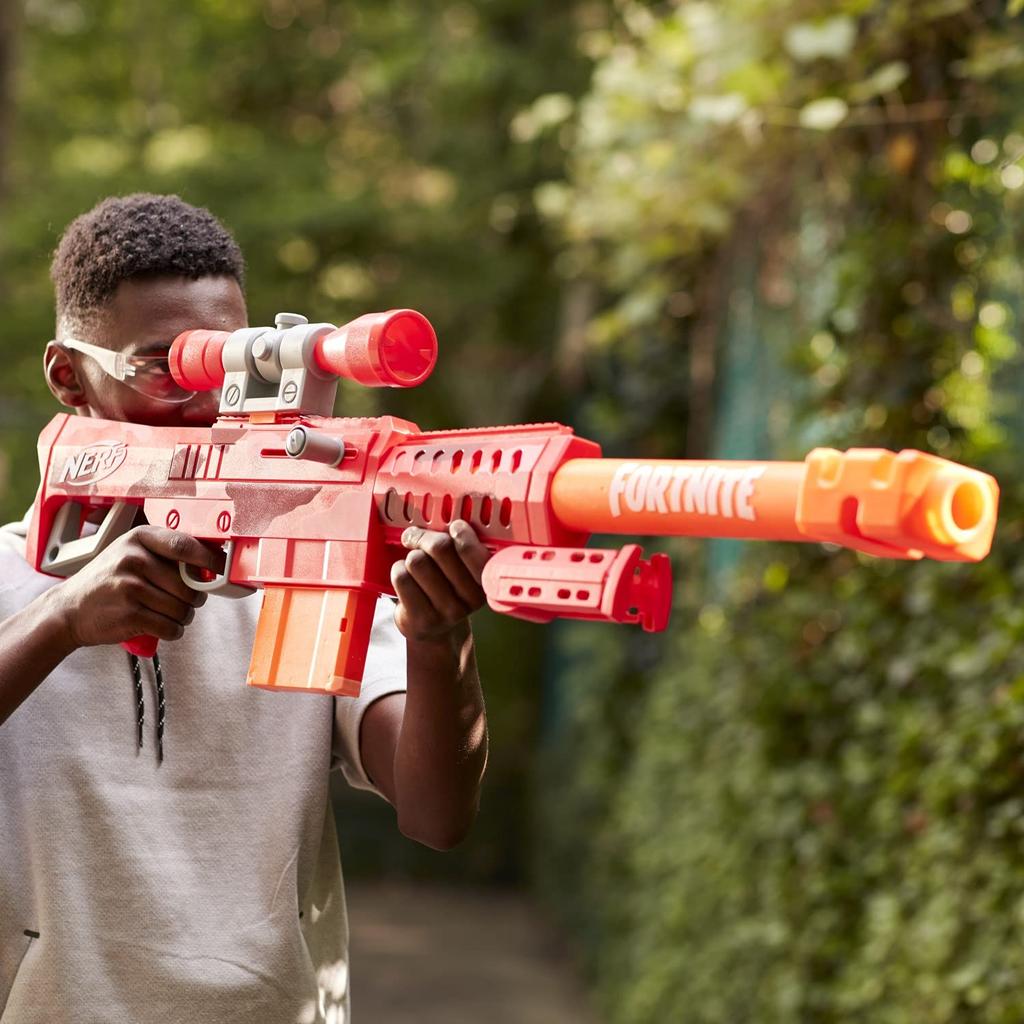 Hasbro Nerf Fortnite Heavy SR Manual for ages 8 and Uses Mega Includes 6 Official Mega Darts Clip for 6 Includes Removable Red Camo Total Length