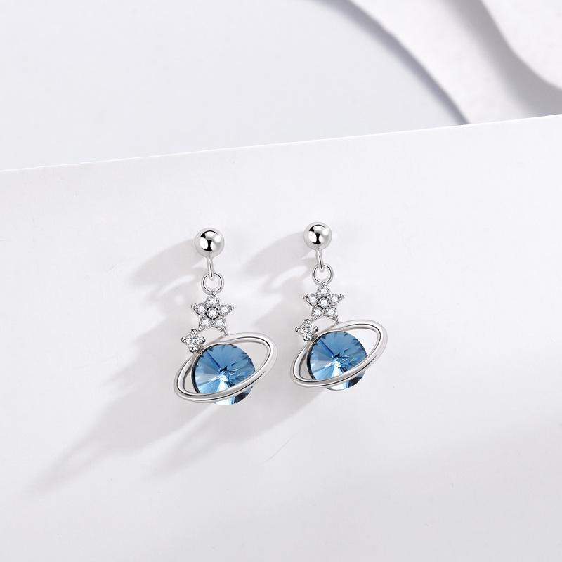 S925 Sterling Silver Blue Planet Stud Earrings - Korean Style Elegant Star Design 925 Silver