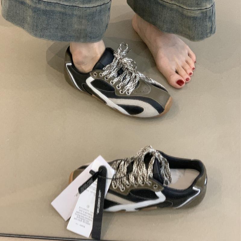 Cowhide version~ retro casual shoes color matching lace-up flat-bottom sports shoes women's versatile running tide