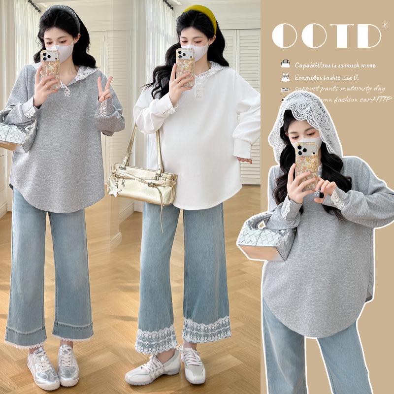 2026 Spring Maternity Embroidered Lace Patchwork Loose Plus Size Casual Top 2X Large