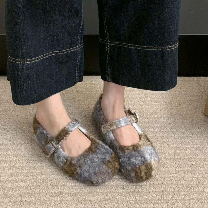 Fashion IPPEUM Mary Janes Shoes Women Winter Ballet Flats Buckle Plush Ballerinas Zapatos Mujer
