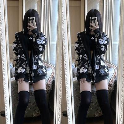 Sudaderas con capucha Harajuku Grunge Vintage con cremallera para mujer, sudadera gótica con estampado de calavera japonesa, ropa de calle Y2k