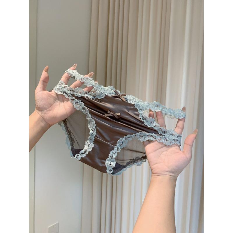Female Summer Clash Color Satin Lace Hollow Out Thin Belt Transparent Beautiful Waist Triangle Briefs