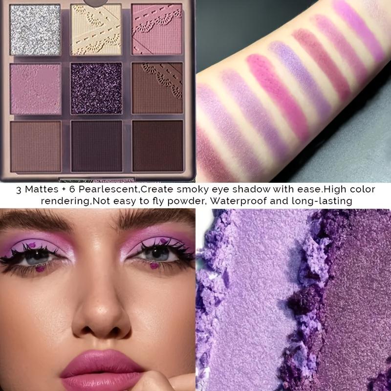 9barevná fialová kouřová oční paleta s vysoce pigmentovanými očními stínmi, matná a třpytivá paleta, dlouhotrvající, voděodolná pro ohromující oční vzhled