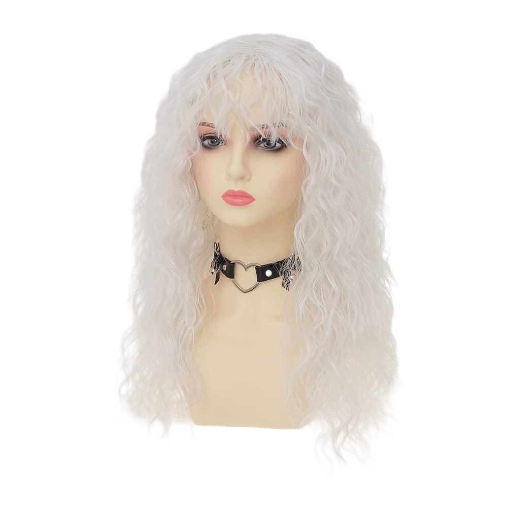 White Synthetic Wigs with Bangs for Women Long Curly Wavy Soft Cosplay Halloween Costume Anime Wig