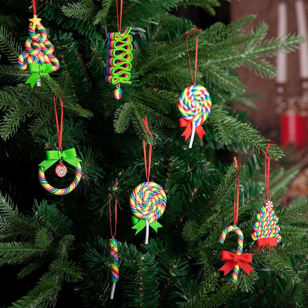 Christmas Lollipop Ornaments- Rainbow Lollipop Hanging Ornaments- Christmas Candies Polymer Clay Ornament for Xmas Tree