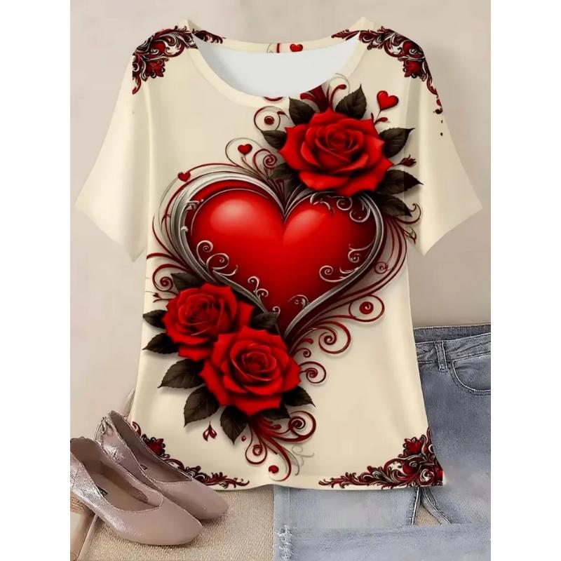 Fashion Women's Clothing Crew Neck Short Sleeve 3D Love Color Printing Love Short Sleeve Crew Neck T-Shirt