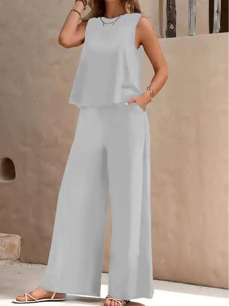 Elegant 2025 Solid Color Crew Neck Tank Top & Wide-Leg Pants Set for Women