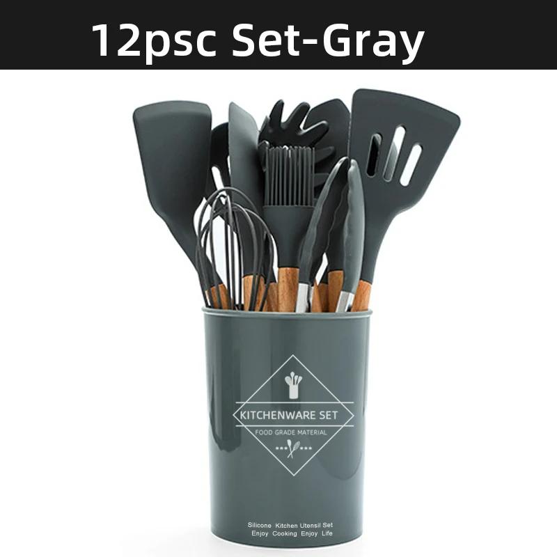 Kuchyňské náčiní s dřevěnou rukojetí Silikonové nádobí 12dílná sada Kreativní pečení Silikonová lopatka Piecenon-stick Smažení Vaření