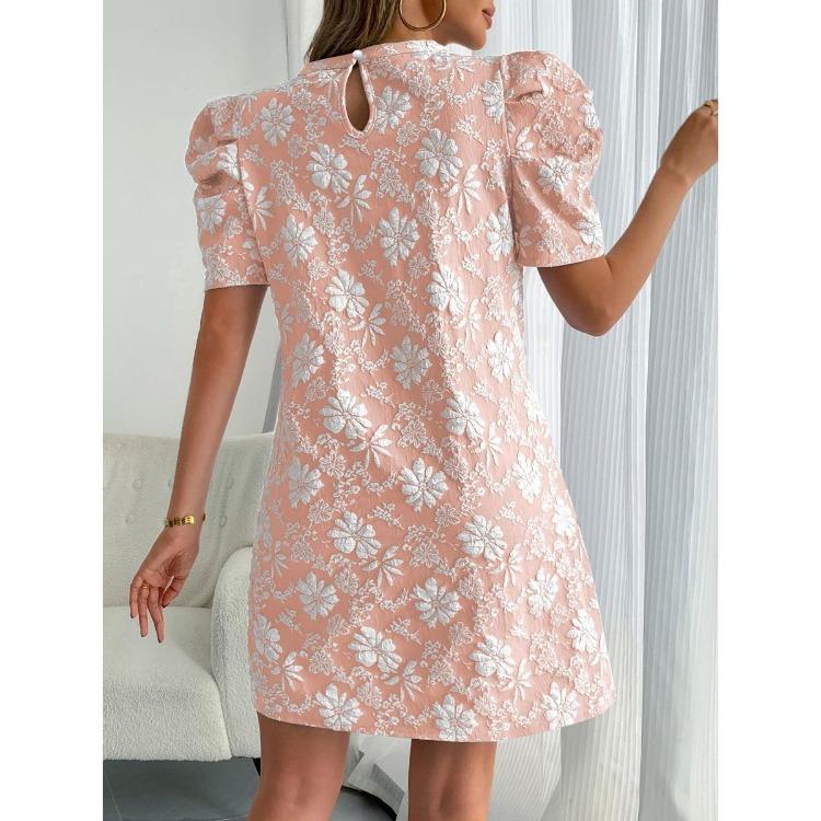 Women Summer Vintage Dresses Textured Jacquard Round Neck Bubble Sleeve New Style