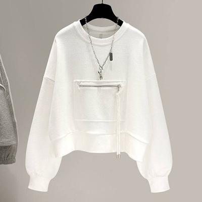 Short Round Neck Sweatshirt Women Loose Zipper Pocket Pullover Long Sleeve Top
