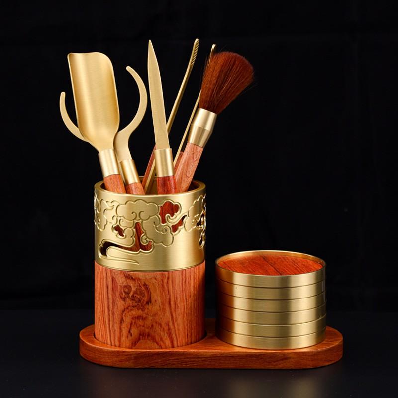 Brass Tea Ceremony Set With Heat-Resistant Coasters Six Tools Gongfu Service