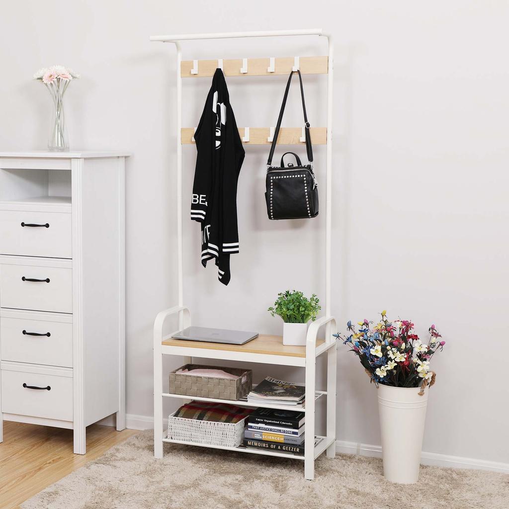 VASAGLE Coat Rack, Coat Stand with Shoe Storage Bench, 4-in-1 Design, with 9 Removable Hooks, a Clothes Rail, for Hallway, Entrance