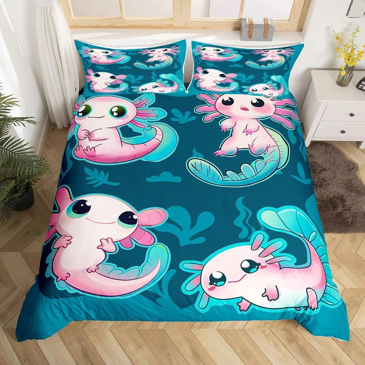 Filtration Facilities Unisex Carton Axolotl Soft Duvet Cover Set Lovely Salampluser Beding Set Kawai Animal Quen Warm Comforter Cover Young Boys Young Girls Women Bedrom Decor