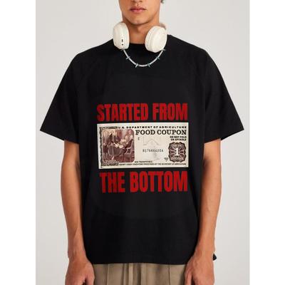 Weißes T-Shirt mit Lebensmittelgutschein-Grafik und dem Text "Started From The Bottom" für Freizeitkleidung