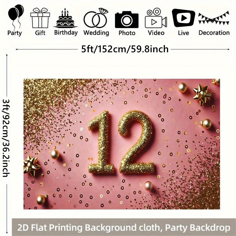 1 Piece of 2D Flat Golden Birthday Party for 12-year-olds 12th Anniversary Party Polyester Photo Backdrop Cloth.