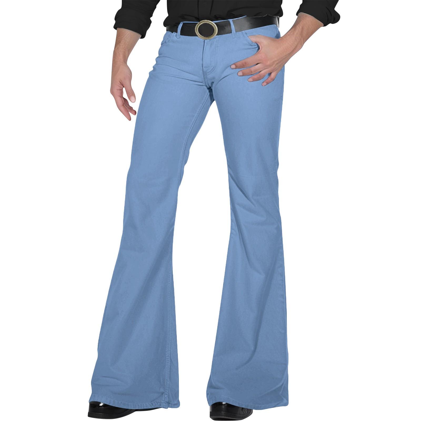 Herren Retro 70er Jahre Stil Rote Schlaghosen mit weitem Bein Hoher Bund Vintage Disco Hosen für Partys M himmelblaue