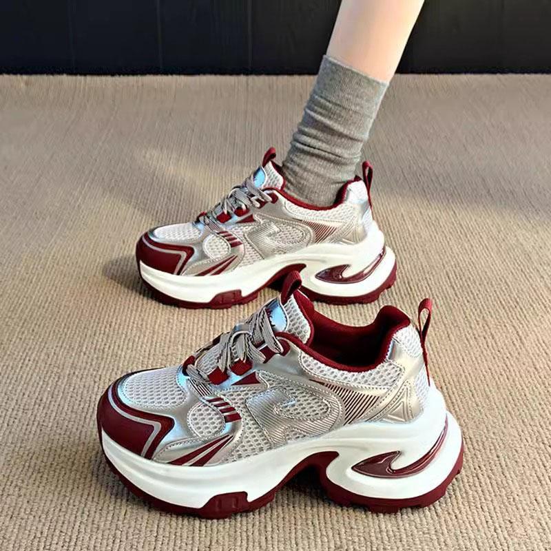 

Суперпопулярные серебряные туфли Dad для женщин, весна/лето 2025, новинка, универсальные, небольшая высота, толстая подошва, дышащая спортивная обувь 40 вино красного