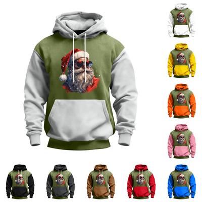 Erkek Noel Baskılı Renk Bloklu Kapüşonlu Günlük Spor Konfor Sweatshirt