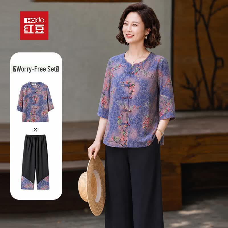 Hodo Women s Floral Mid-Sleeve Blouse & Pants Set for Mature Women 4XL