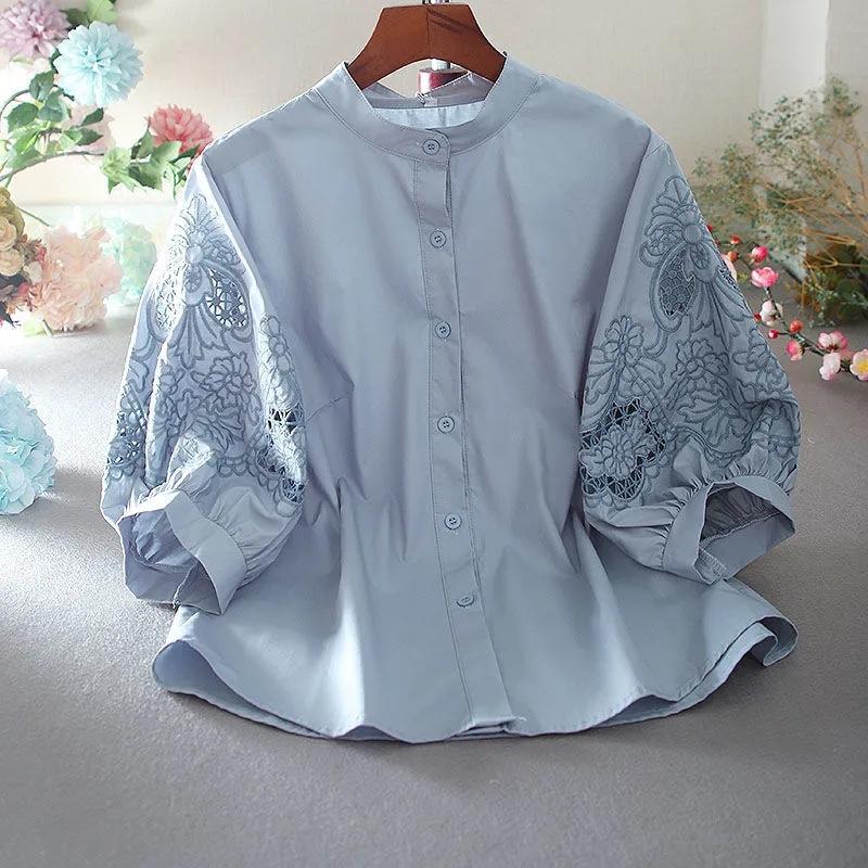 Summer Pure Cotton Stand-up Collar Hollow Out Embroidered Shirt Tops Women Temperament Loose Fitting Lantern Sleeve Blouse