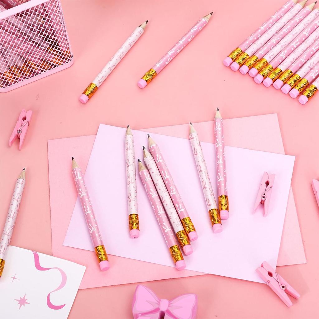 50Pcs Pink Bow Short Pencil with Eraser Trendy Bowknot Writing Pencil Wood Mini Pencils for School Classroom Office Stationery Supplies, 4 Inch