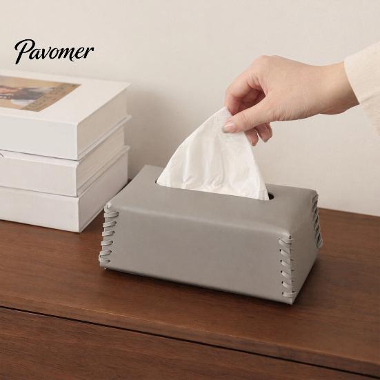 Nordic Style Tissue Box PU Leather Holder, with Hand-stitched Edges Design, Modern Smooth Paper Extraction Case for Home Office Decorative Holder