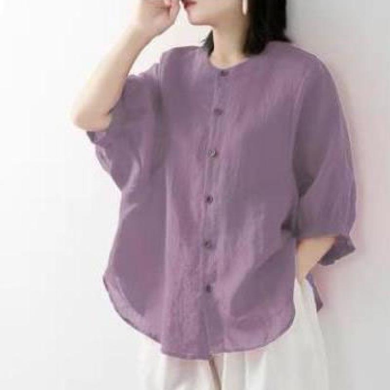 Cotton and Linen Shirt Women's Spring and Summer Thin Solid Color Lantern Sleeve Stand Collar Top Loose Large Size Shirt