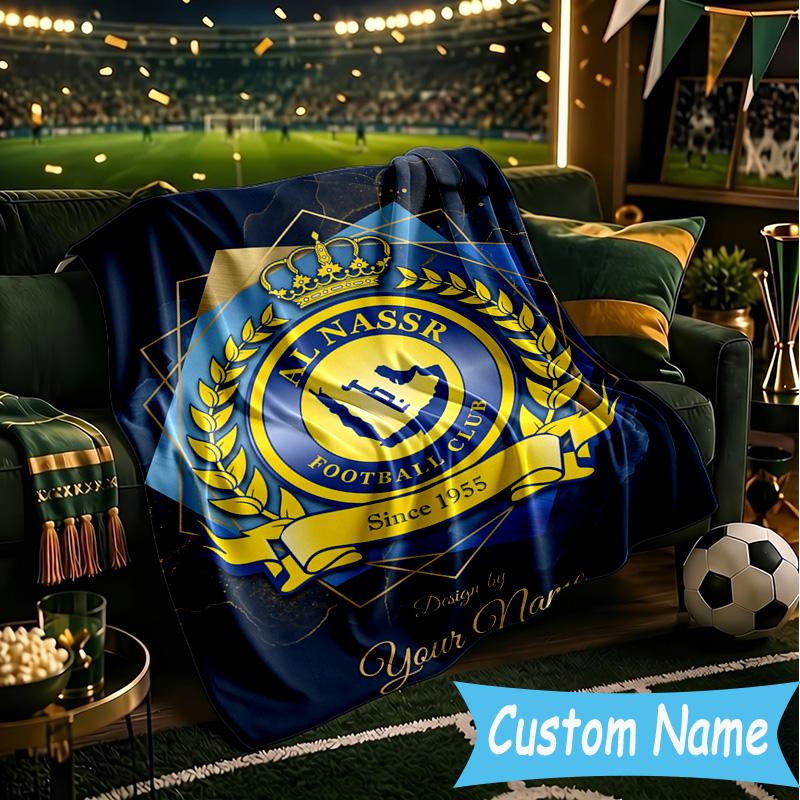 Custom Name Al Nassr Football Club Crest Flannel Blanket, Use for Birthday/Holiday Gift, Soft Blanket for Sofa/Bed/Camping/Office, Home Decor